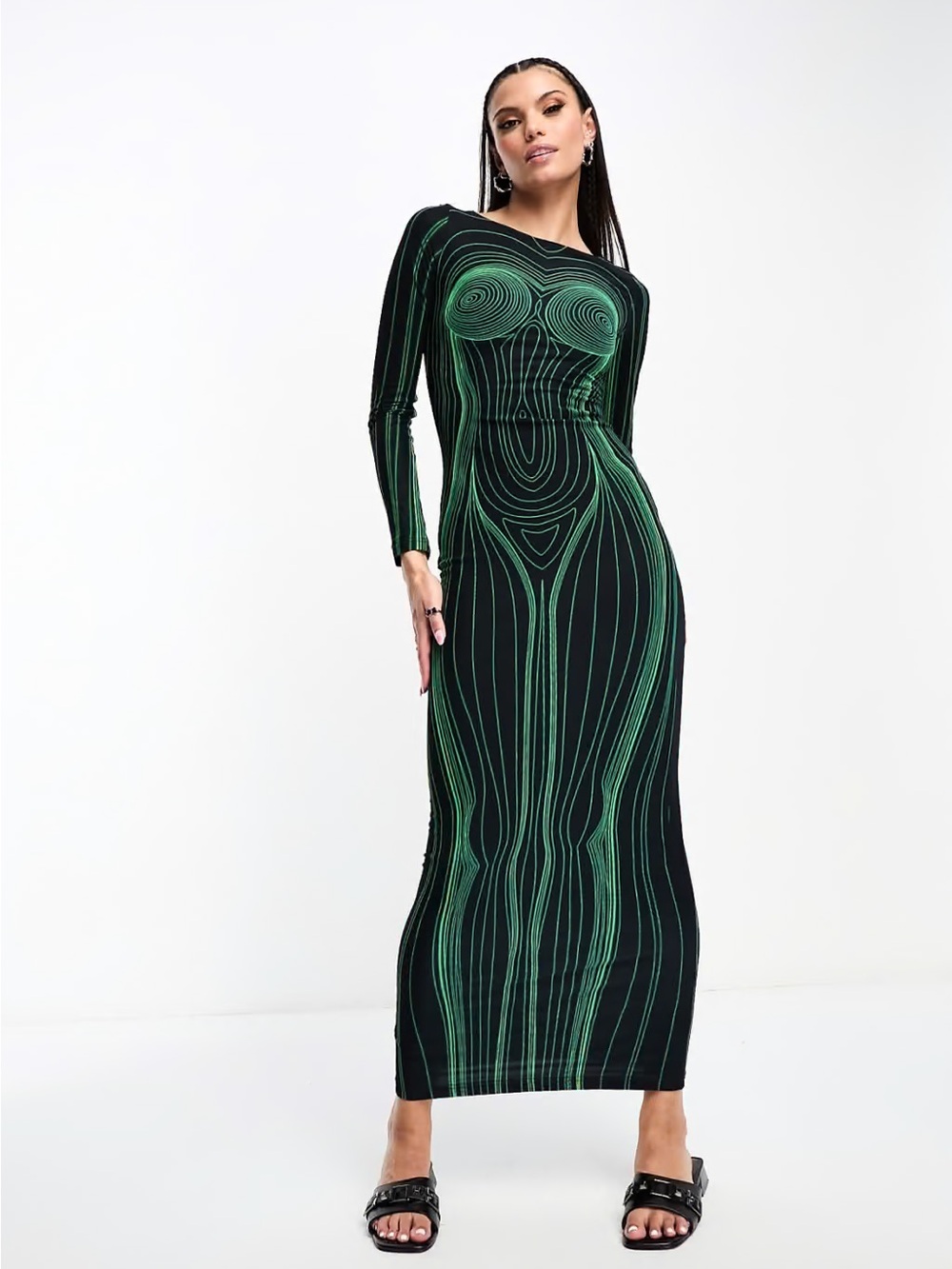 The Kript Corpo Body Illusion Maxi Dress Green Black XS NWT